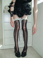 Darkness dream lace-up fishnet stockings