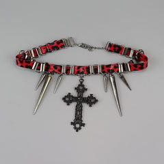 Sweet red leopard cross pendant choker