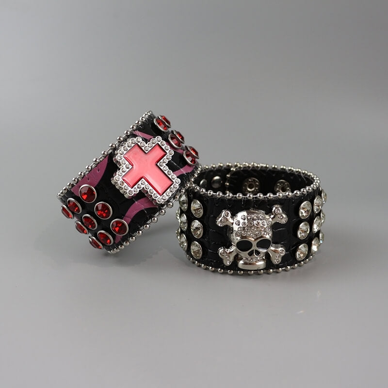 cutiekill-y2k-burgundy-rhinestone-punk-skull-cross-bracelet-acc007