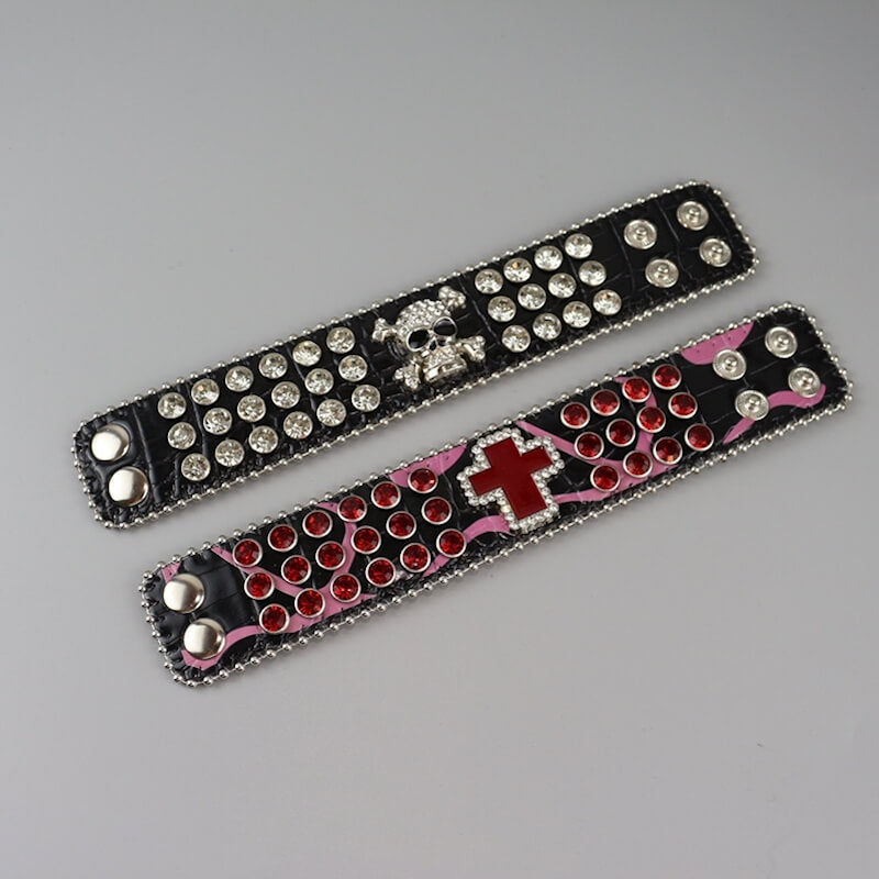 cutiekill-y2k-burgundy-rhinestone-punk-skull-cross-bracelet-acc007