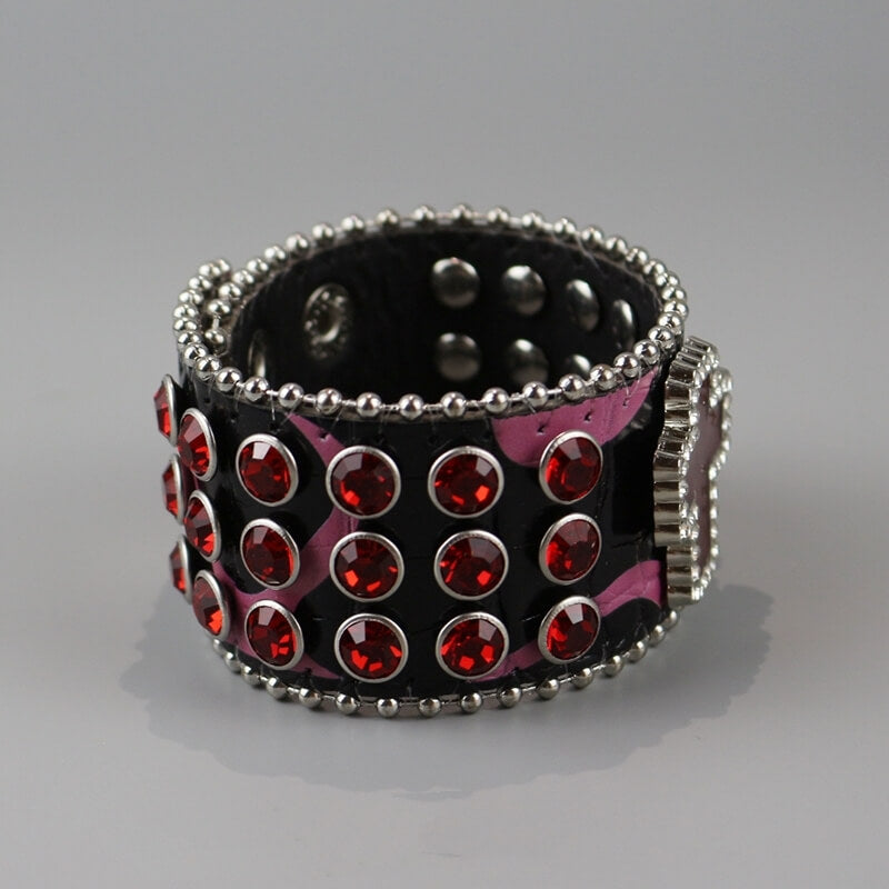 cutiekill-y2k-burgundy-rhinestone-punk-skull-cross-bracelet-acc007