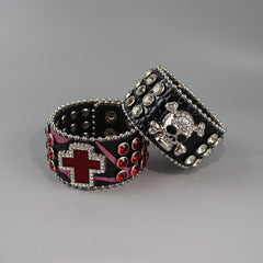 cutiekill-y2k-burgundy-rhinestone-punk-skull-cross-bracelet-acc007