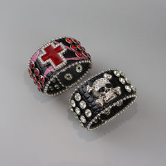 cutiekill-y2k-burgundy-rhinestone-punk-skull-cross-bracelet-acc007