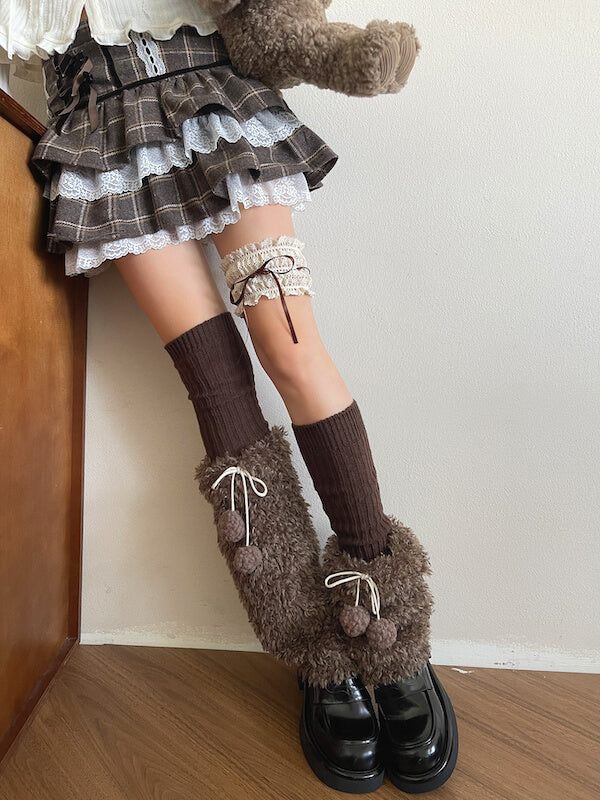 cutiekill-y2k-mocha-brown-pompon-fuzzy-leg-warmers-c0519