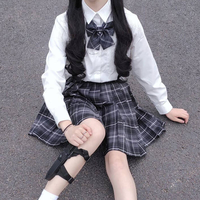 cutiekil-skirt-bow-jk-black-grey-plaid-uniform-skirt-c00770