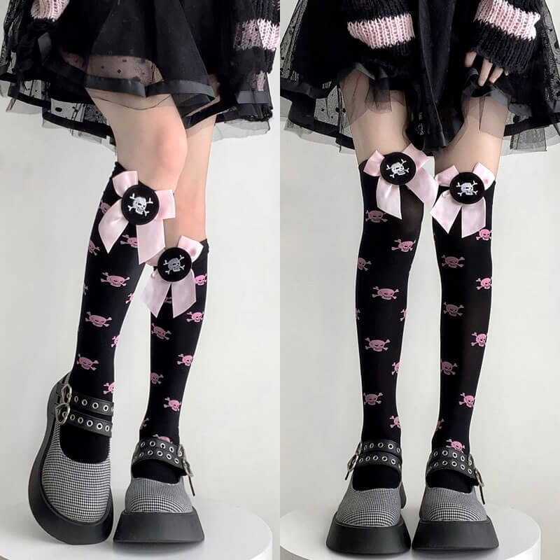 Harajuku pink bow skull stockings – Cutiekill