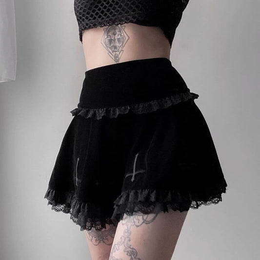 cutiekill-lace-cross-velvet-layered-flared-skirt-ah0253