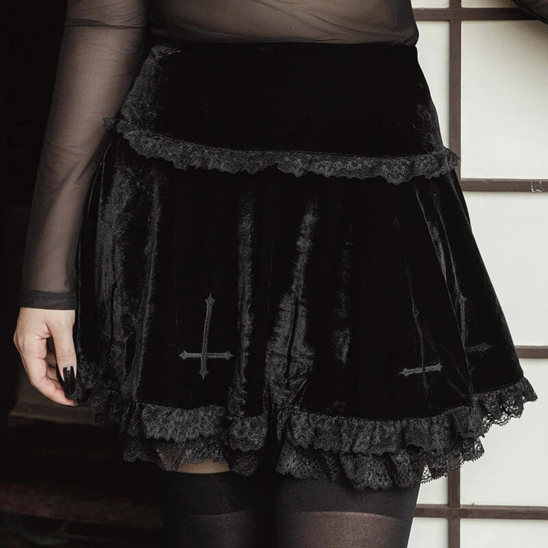 cutiekill-lace-cross-velvet-layered-flared-skirt-ah0253