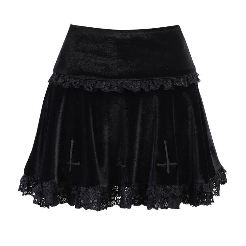 cutiekill-lace-cross-velvet-layered-flared-skirt-ah0253
