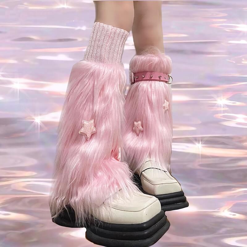 Pink furry y2k garter stars leg warmers – Cutiekill