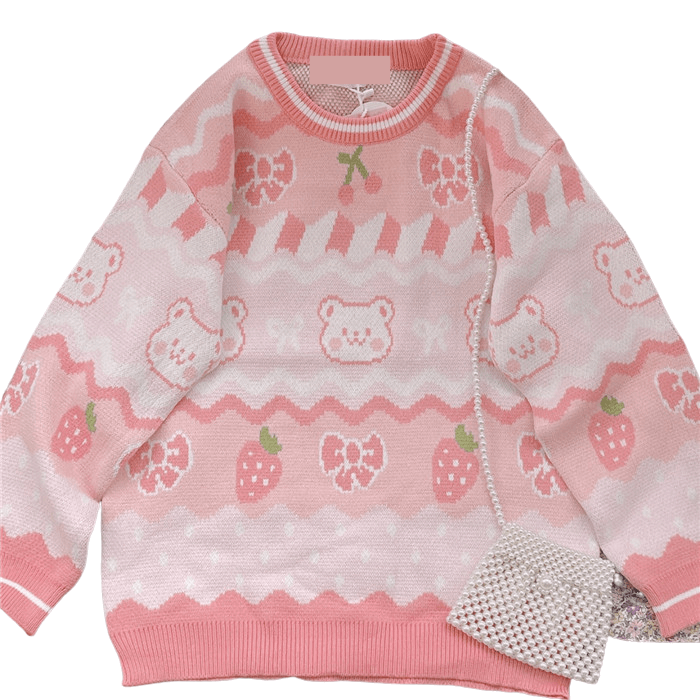 cutiekill-pink-strawberry-bow-bear-sweater-c8010