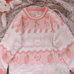 cutiekill-pink-strawberry-bow-bear-sweater-c8010