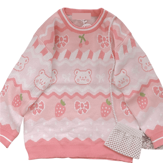cutiekill-pink-strawberry-bow-bear-sweater-c8010