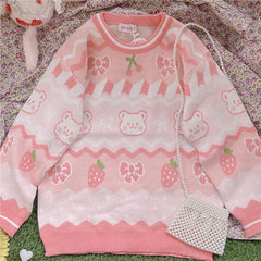 cutiekill-pink-strawberry-bow-bear-sweater-c8010