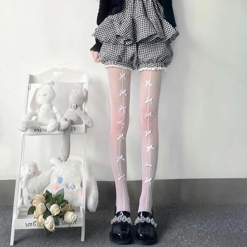 Bow Stockings for Women Japanese Style White Fishnet Stockings