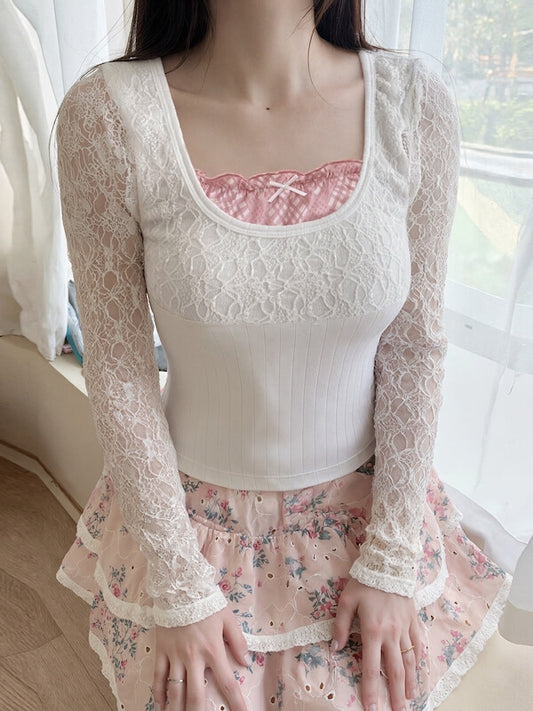 cutiekill-alicia-lace-sleeves-pink-plaid-patchwork-top-om0474