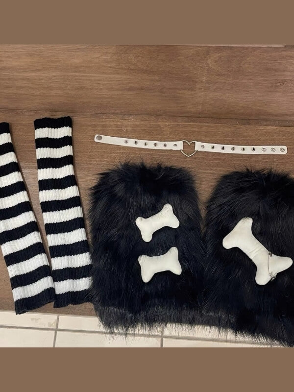 cutiekill-black-furry-bones-y2k-garter-leg-warmers-c0231