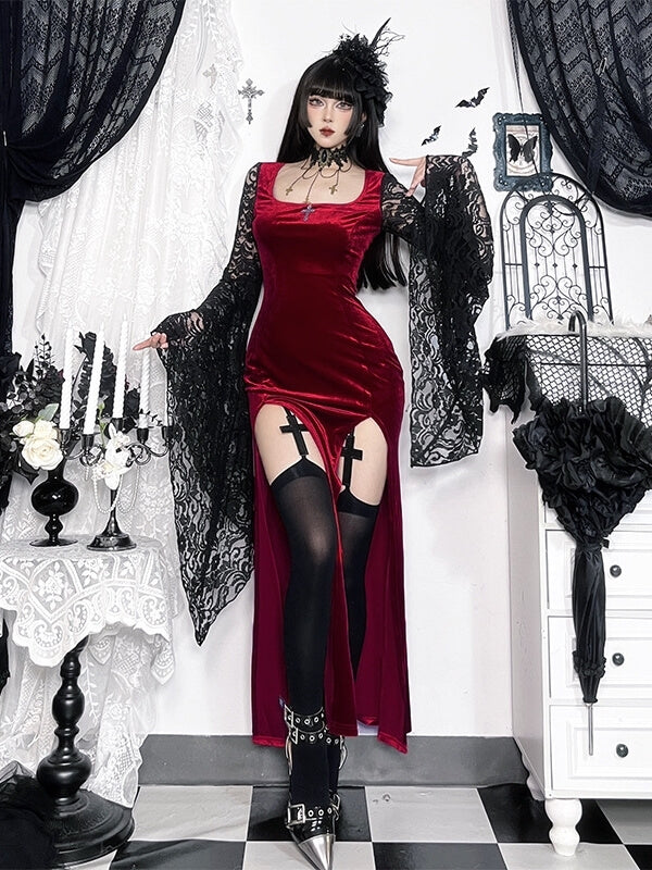cutiekill-dark-witch-lace-sleeves-high-slit-dress-ah0868