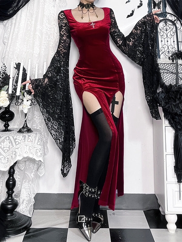cutiekill-dark-witch-lace-sleeves-high-slit-dress-ah0868