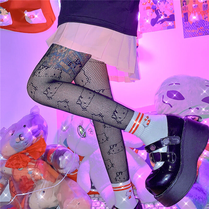 Shein X Hello Kitty and Friends Plus Bow Print Fishnet Tights