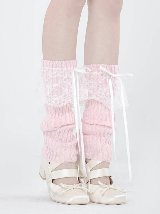 CUTIEKILL Pastel Ribbon Leg Warmers Pink with White Ribbon