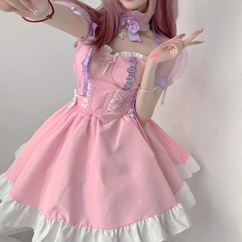 Lolita Kawaii Dresses Girls Miads Princess Women Dress Winter Pink