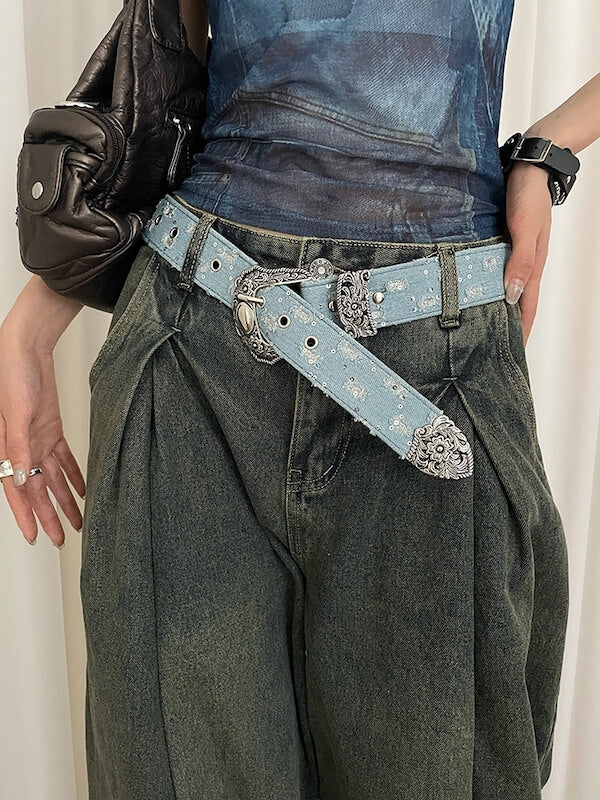 Retro distressed denim belt