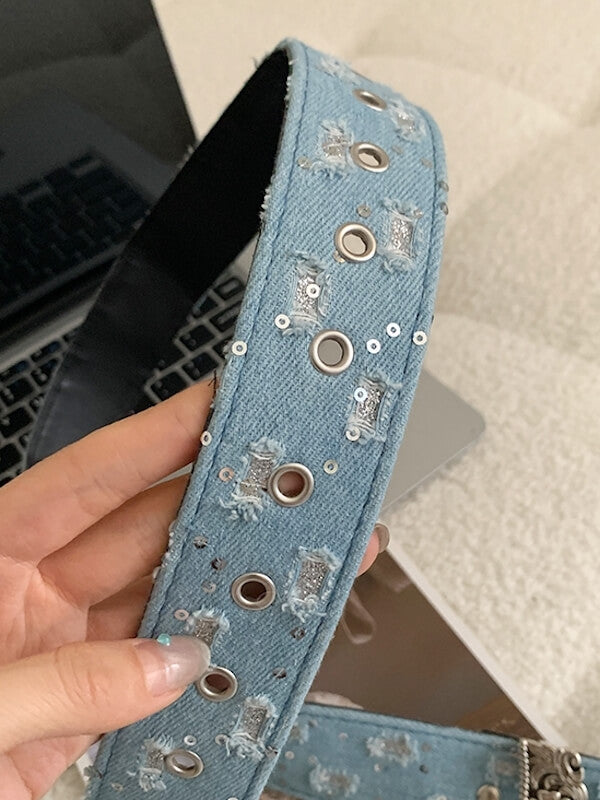 Retro distressed denim belt