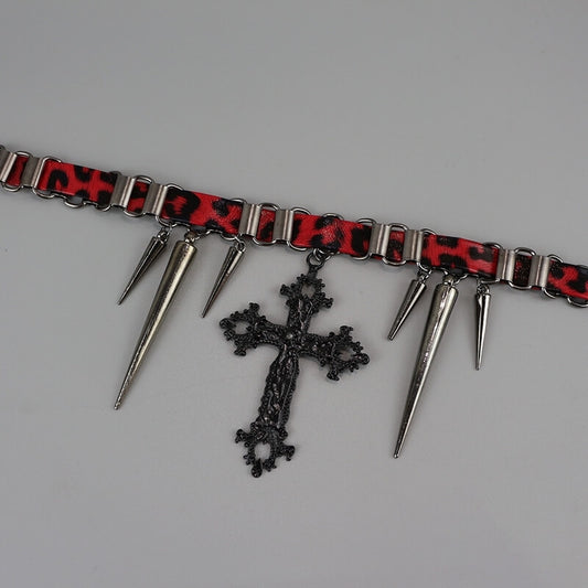 Sweet red leopard cross pendant choker