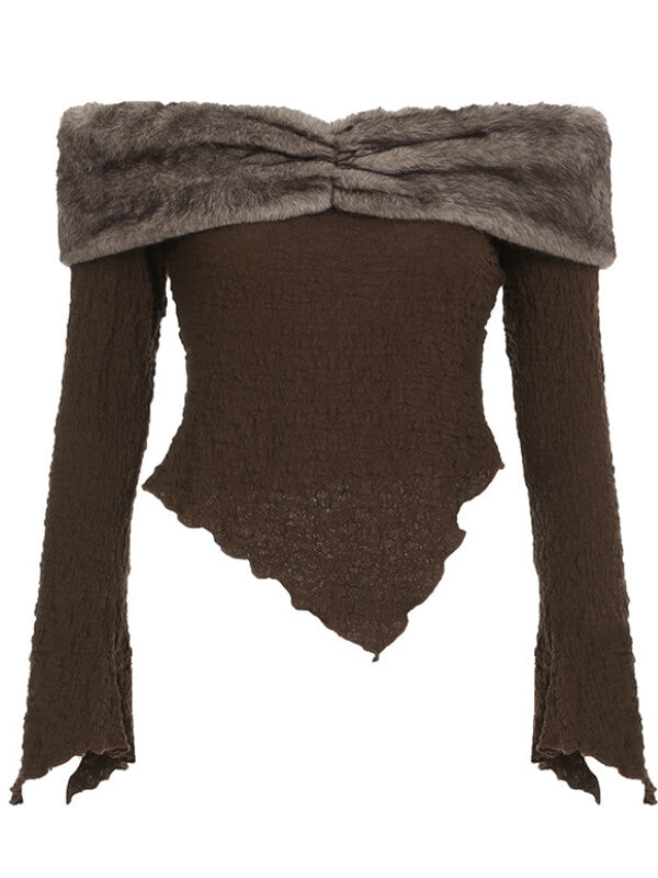 cutiekill-vintage-brown-textured-furry-off-shoulder-top-om0419