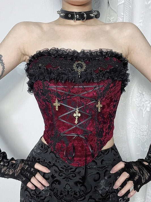 Vintage goth lace up gem corset