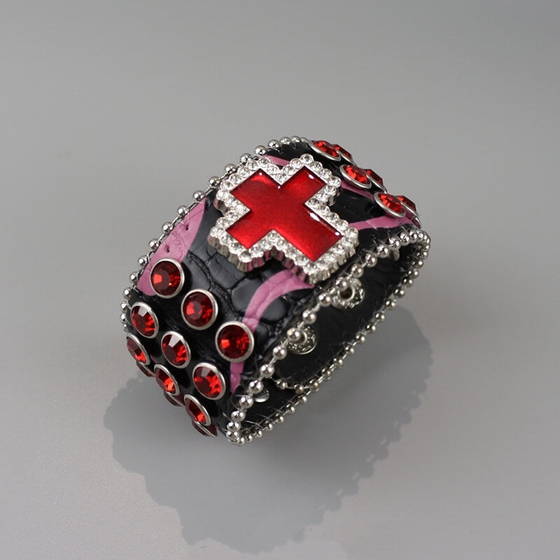 cutiekill-y2k-burgundy-rhinestone-punk-skull-cross-bracelet-acc007