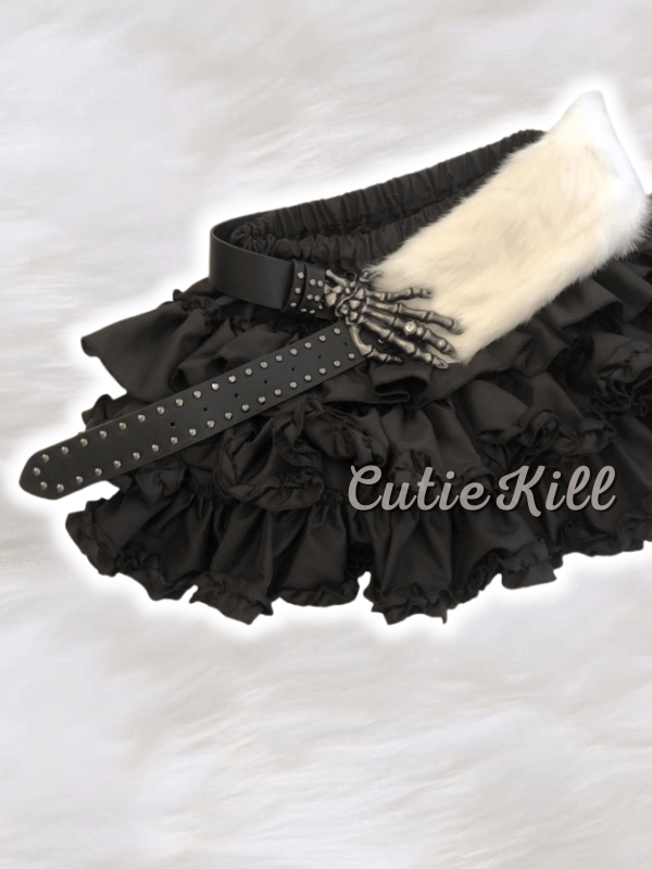 cutiekill-y2k-furry-skeleton-hand-gothic-belt-layered-bloomer-skirt-y2k0006