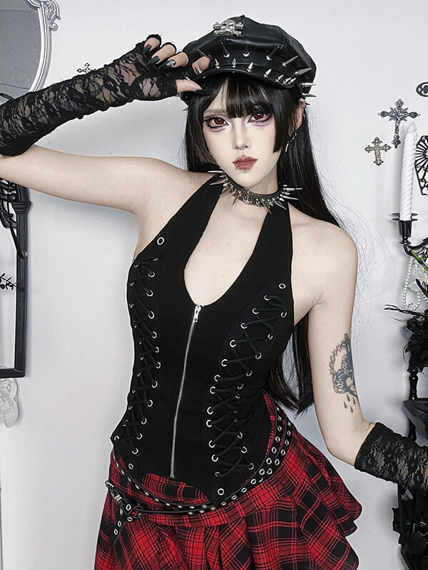 cutiekill-y2k-halter-eyelet-lace-up-tank-ah0900