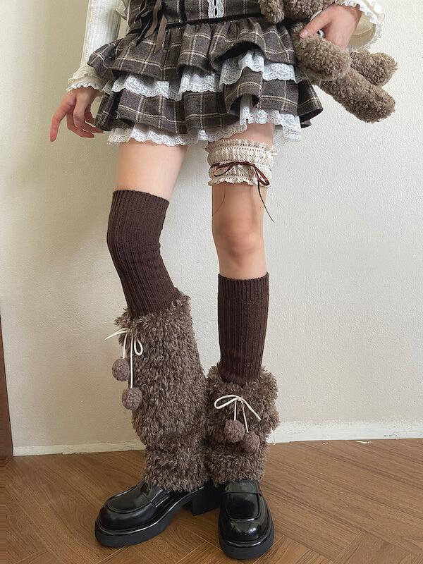 cutiekill-y2k-mocha-brown-pompon-fuzzy-leg-warmers-c0519