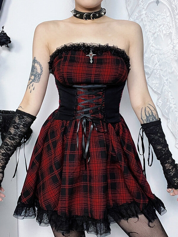 cutiekill-y2k-red-plaid-corset-dress-ah0618