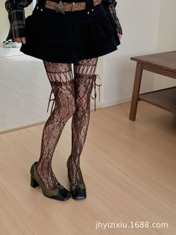 cutiekill-y2k-ribbon-lace-up-floral-tights-c0485