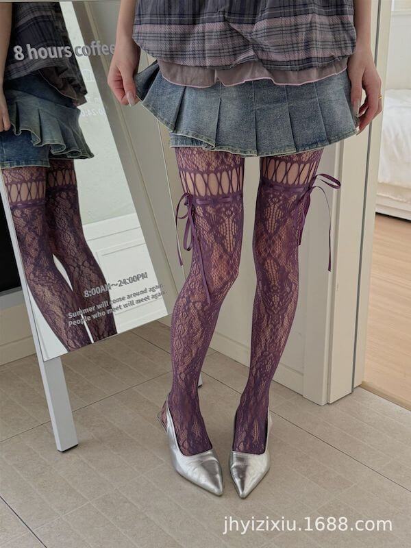 cutiekill-y2k-ribbon-lace-up-floral-tights-c0485