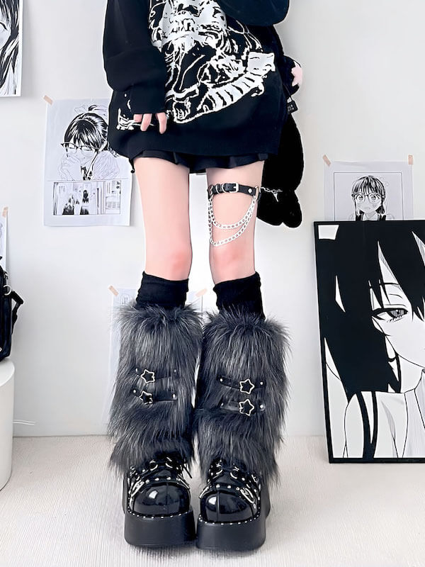 cutiekill-y2k-stars-buckle-faux-fur-leg-warmers-c0223