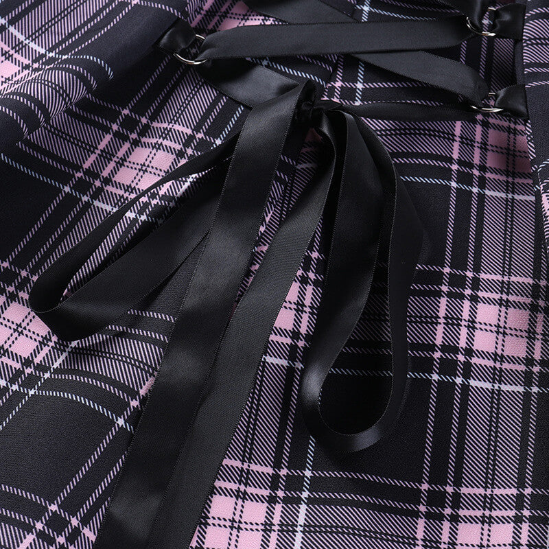 CUTIEKILL-alternative-girl-zipper-black-white-plaid-ribbon-suspender-dress-c01123