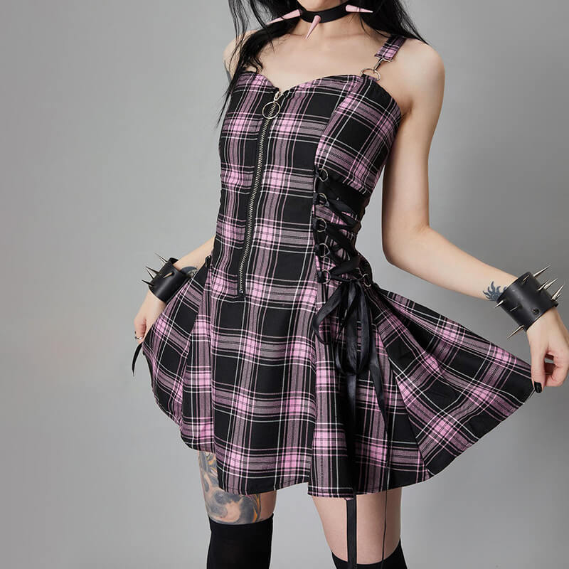CUTIEKILL-alternative-girl-zipper-black-white-plaid-ribbon-suspender-dress-c01123