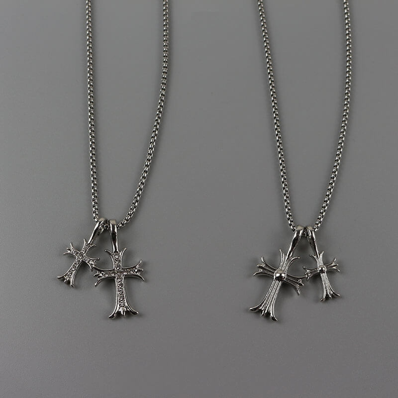 Double Cross Y-Necklace Custom Crystal Pendant 70cm Titanium Steel Chain