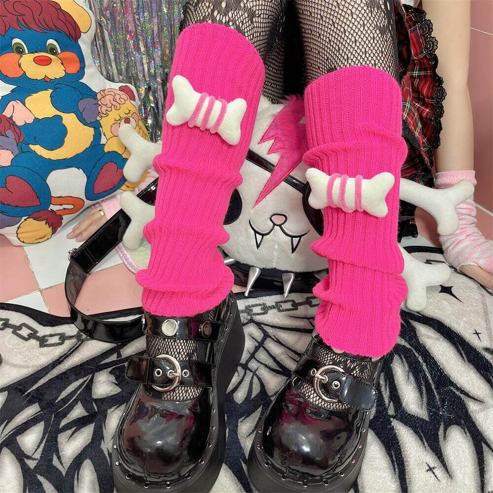 Harajuku y2k bone stripes leg warmers - Pure Hot Pink