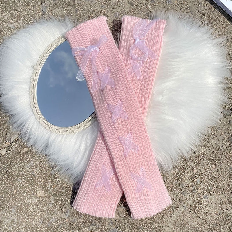 CUTIEKILL Pastel Ribbon Leg Warmers Pink with White Ribbon