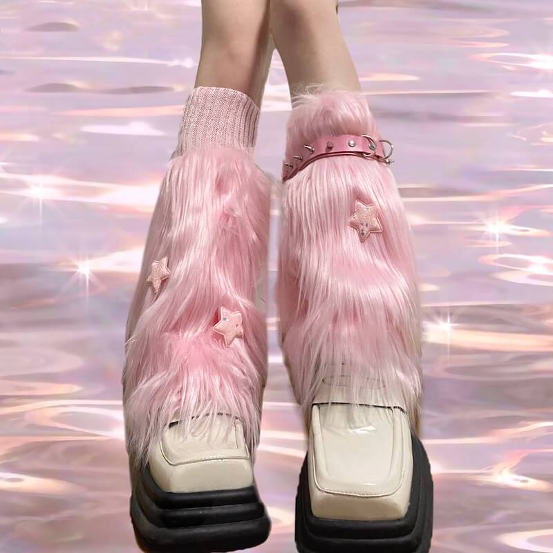 Pink furry y2k garter stars leg warmers