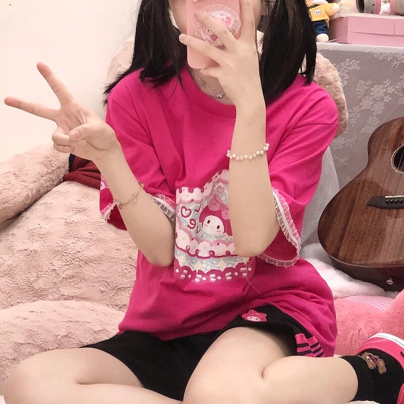 cutiekill-pink-knot-bow-kawaii-lace-doll-melody-t-shirt-m0009