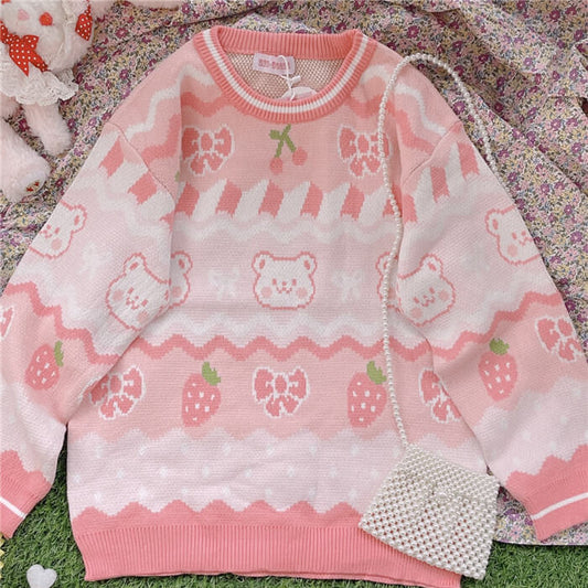 cutiekill-pink-strawberry-bow-bear-sweater-c8010