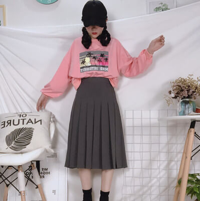 Plus size] Kawaii pure pink A-line pleated skirt – Cutiekill
