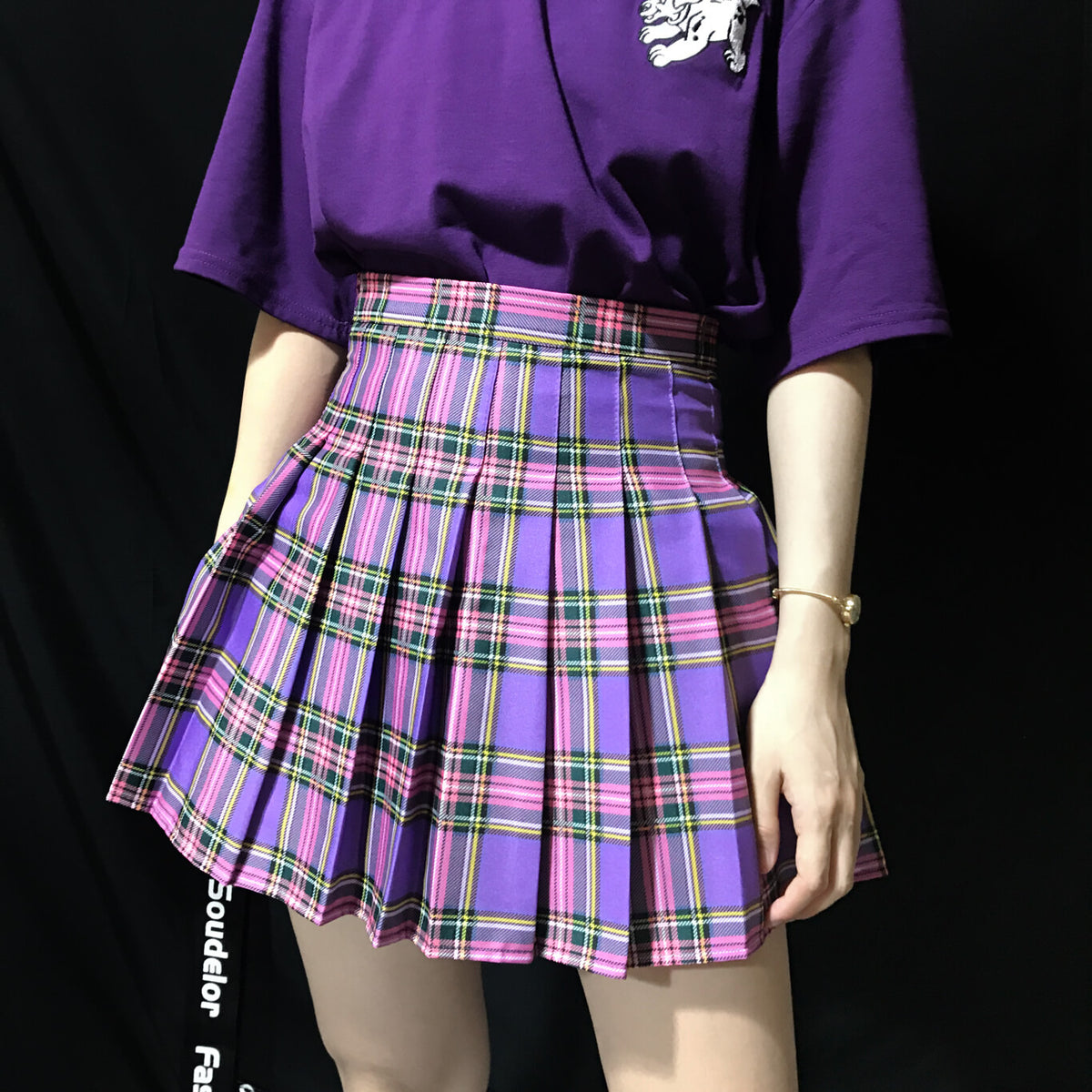 [Plus size] E-girl purple A-line plaid pleated skirt