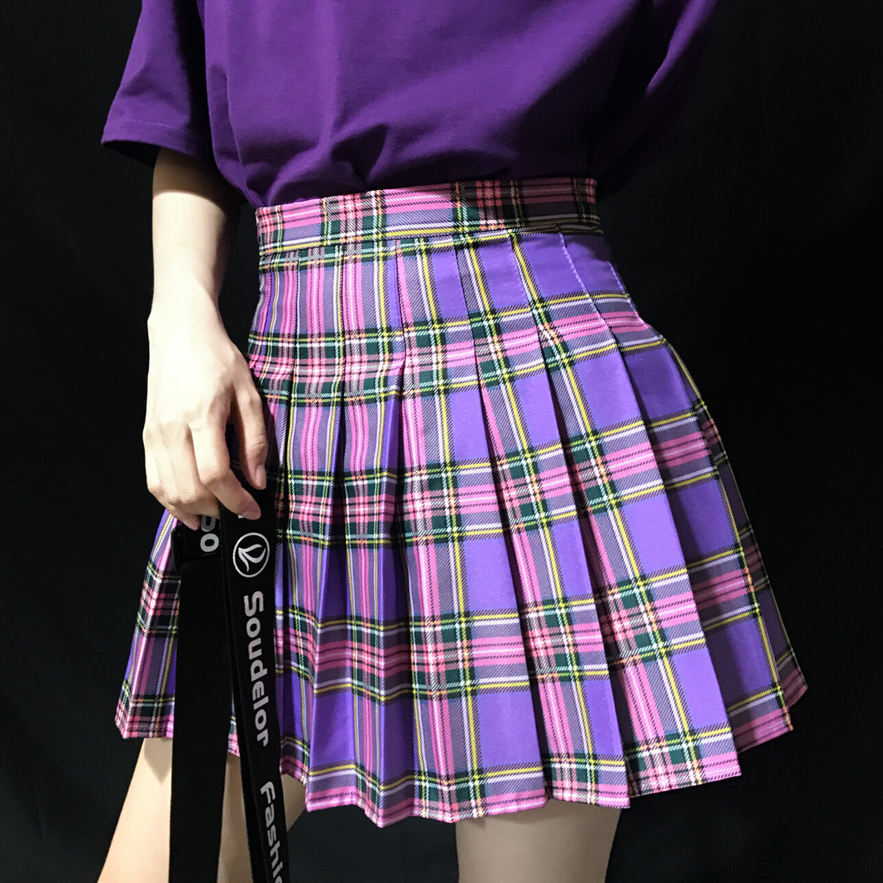 [Plus size] E-girl purple A-line plaid pleated skirt